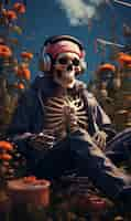 Free photo portrait of human skeleton listening to music