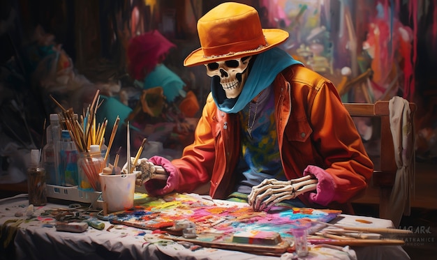 Portrait of human skeleton painting