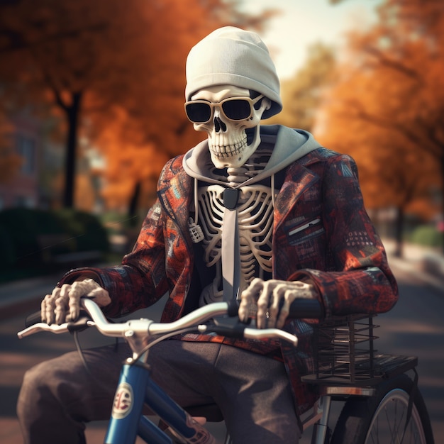 Free photo portrait of human skeleton riding bike