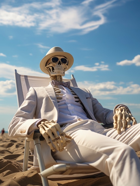 Free photo portrait of human skeleton sitting at the beach