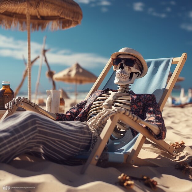 Portrait of human skeleton sitting at the beach