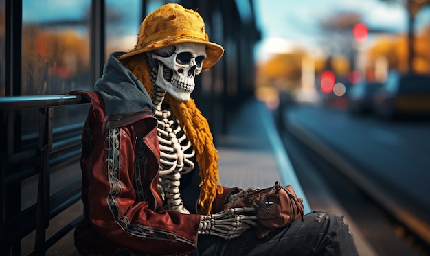 Free Photo portrait of human skeleton sitting on bench waiting for mean of transport