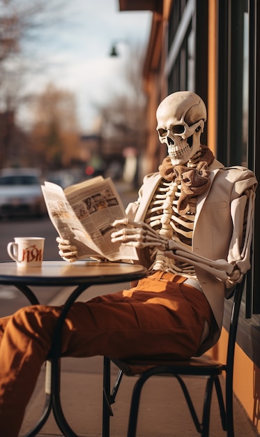 Free photo portrait of human skeleton sitting at a cafe