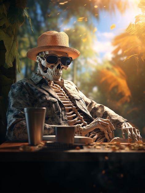 Free Photo portrait of human skeleton sitting at a cafe