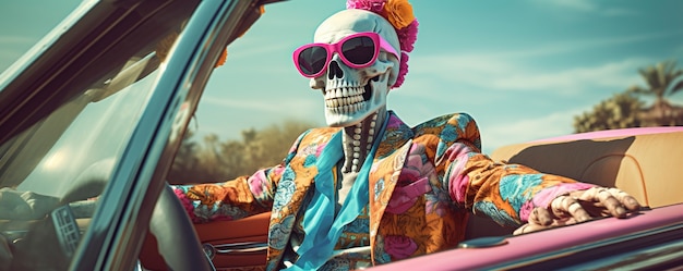 Portrait of human skeleton skull driving car