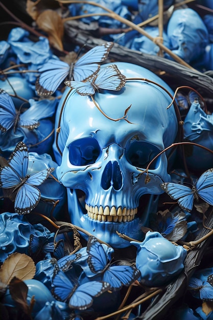 Free Photo portrait of human skeleton skull with butterflies