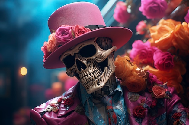 Free Photo portrait of human skeleton skull with flowers