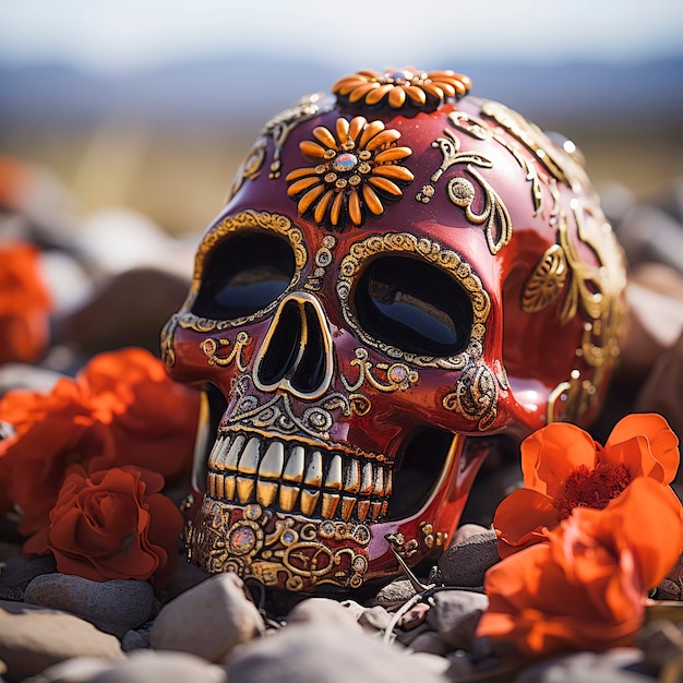 Free photo portrait of human skeleton skull with flowers