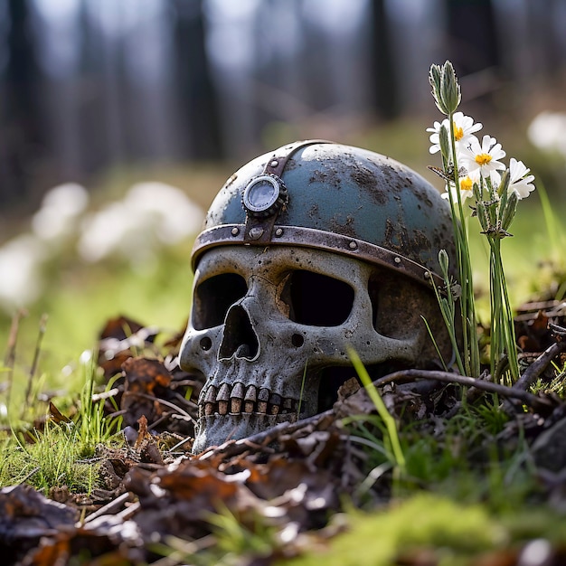 Free Photo portrait of human skeleton skull with soldier helmet