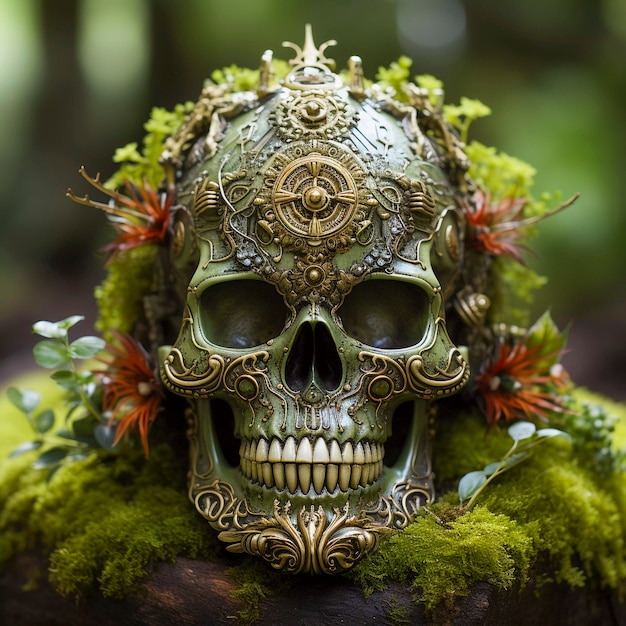 Free photo portrait of human skeleton skull with vegetation