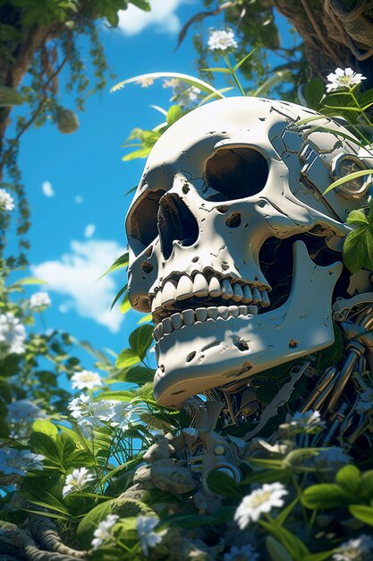 Free photo portrait of human skeleton skull with vegetation