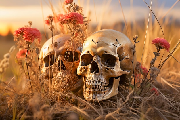 Free Photo portrait of human skeleton skull with vegetation