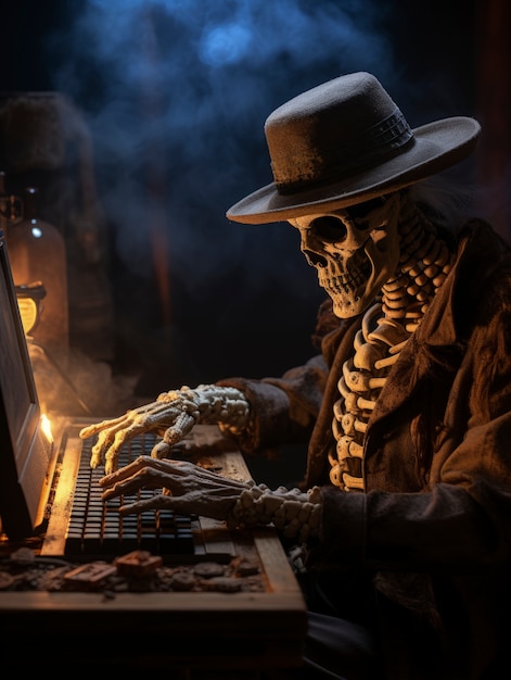 Free Photo portrait of human skeleton using laptop at desk