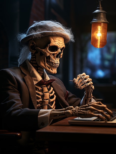 Portrait of human skeleton using laptop at desk