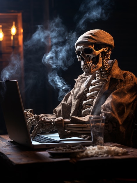 Portrait of human skeleton using laptop at desk