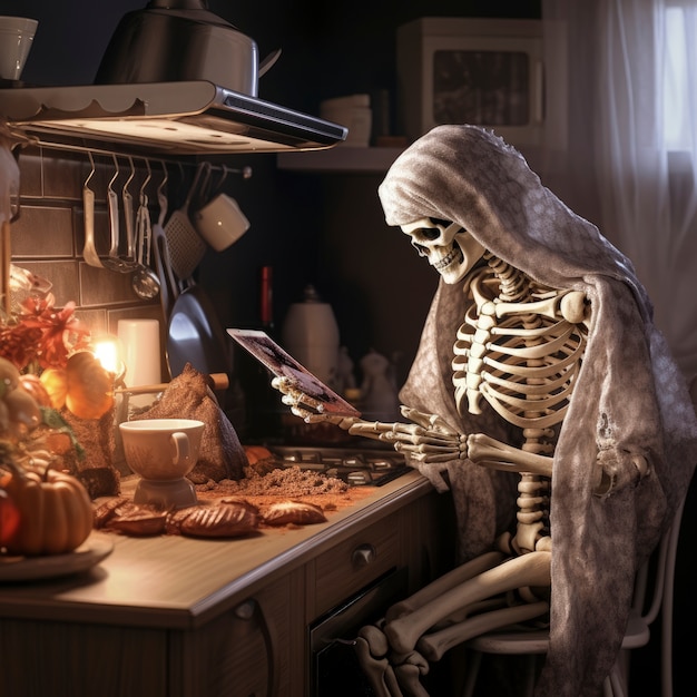 Free photo portrait of human skeleton using tablet