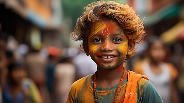 Portrait of indian kid with colorful  powder