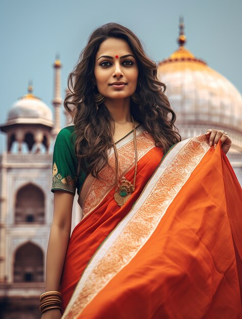 Portrait of indian woman with flag