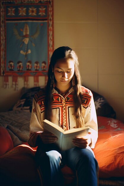 Portrait of indigenous woman with book