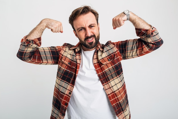 Portrait of isolated handsome brutal argressive strong bearded man