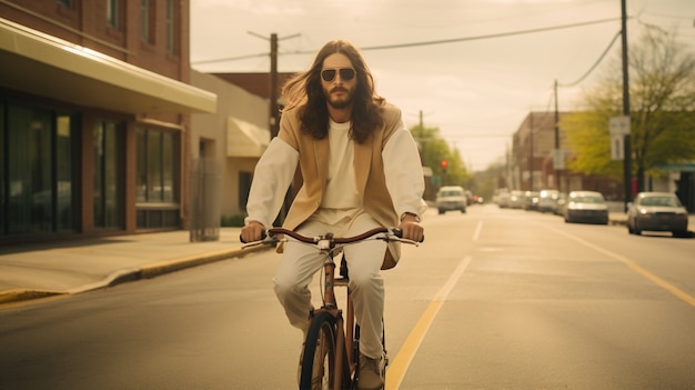 Free photo portrait of jesus in modern world doing contemporary things