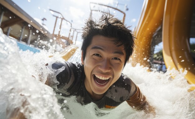 Portrait of laughing man at the water slide