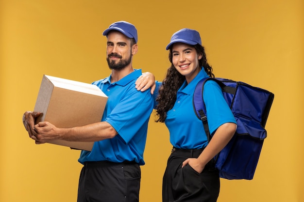 Free photo portrait of male and female deliverers with cardboard parcel and backpack