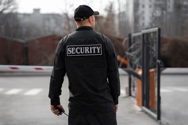 Free Photo portrait of male security guard with barbed wire fence