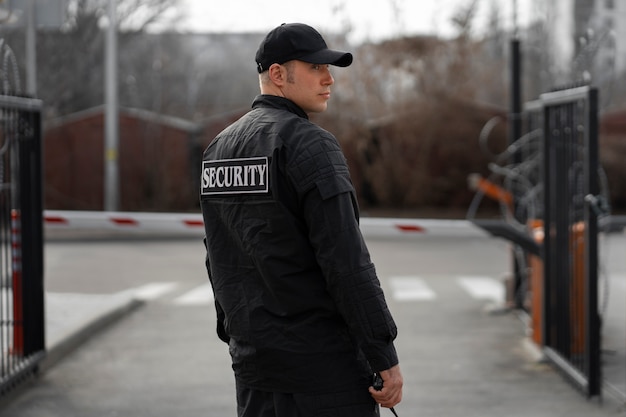 Free Photo portrait of male security guard with barbed wire fence