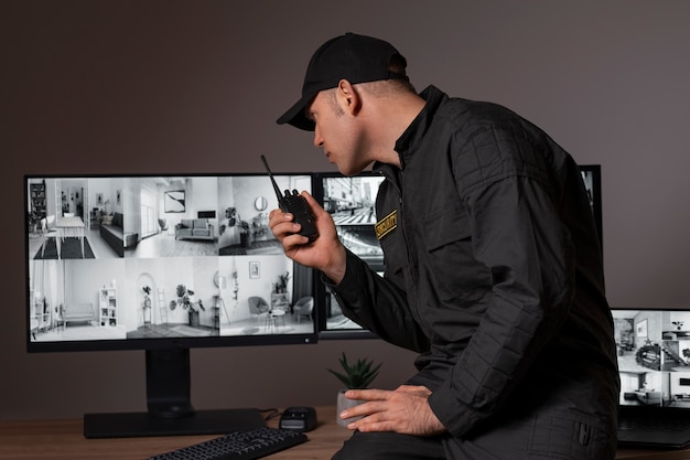 Free photo portrait of male security guard with radio station and camera screens