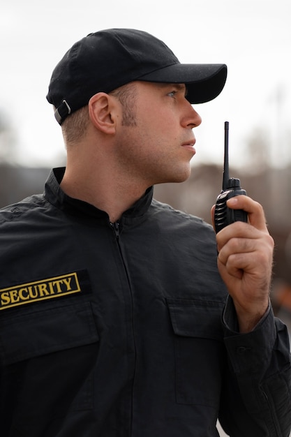 Portrait of male security guard with radio station