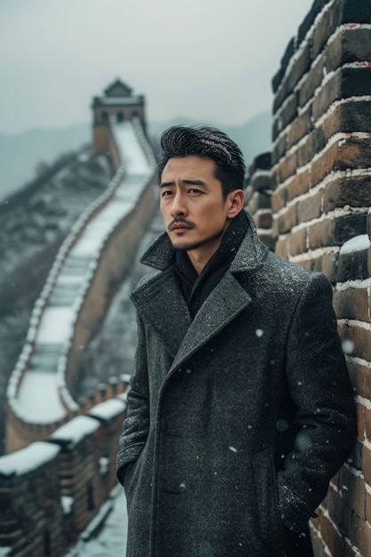 Portrait of male tourist visiting the great wall of china