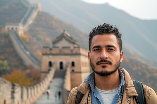 Portrait of male tourist visiting the great wall of china