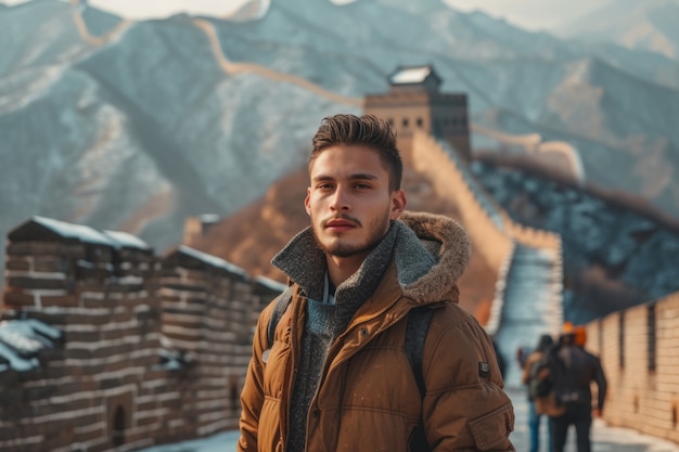 Free photo portrait of male tourist visiting the great wall of china