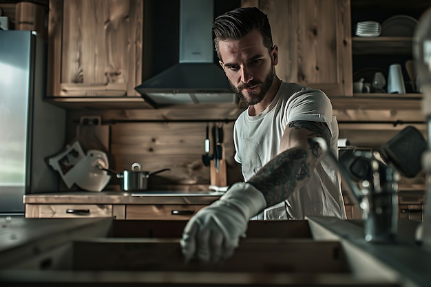 Portrait of man doing household chores and participating in the cleaning of the home