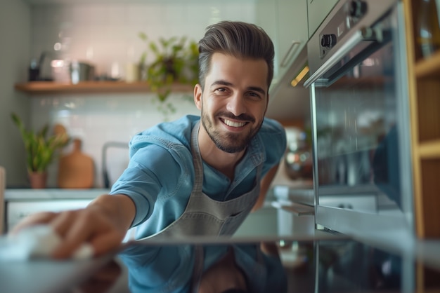 Free photo portrait of man doing household chores and participating in the cleaning of the home