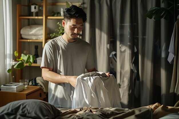 Portrait of man doing household chores and participating in the cleaning of the home