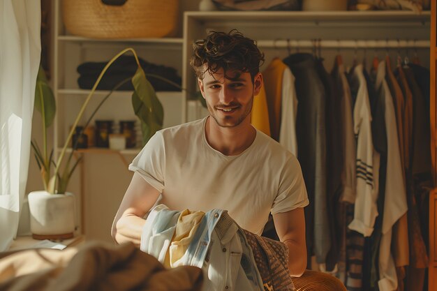 Portrait of man doing household chores and participating in the cleaning of the home