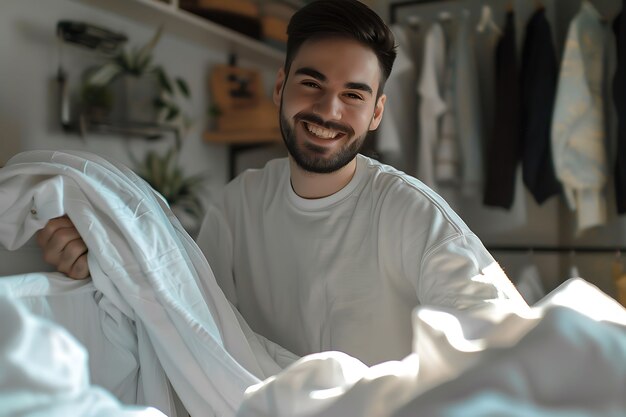 Portrait of man doing household chores and participating in the cleaning of the home