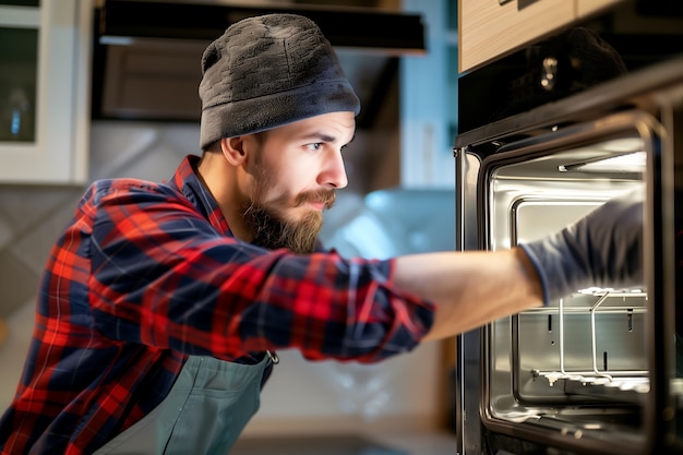 Portrait of man doing household chores and participating in the cleaning of the home