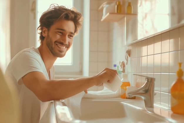 Portrait of man doing household chores and participating in the cleaning of the home