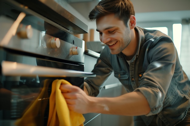 Free photo portrait of man doing household chores and participating in the cleaning of the home