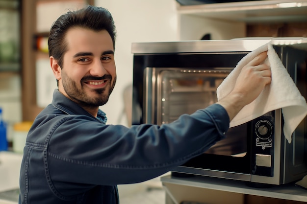 Portrait of man doing household chores and participating in the cleaning of the home