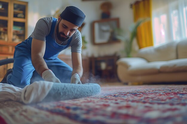 Portrait of man doing household chores and participating in the cleaning of the home