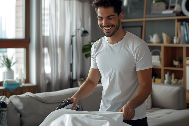 Portrait of man doing household chores and participating in the cleaning of the home