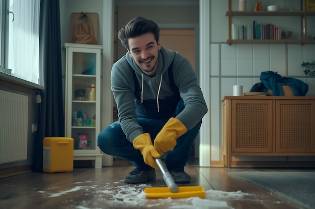 Portrait of man doing household chores and participating in the cleaning of the home