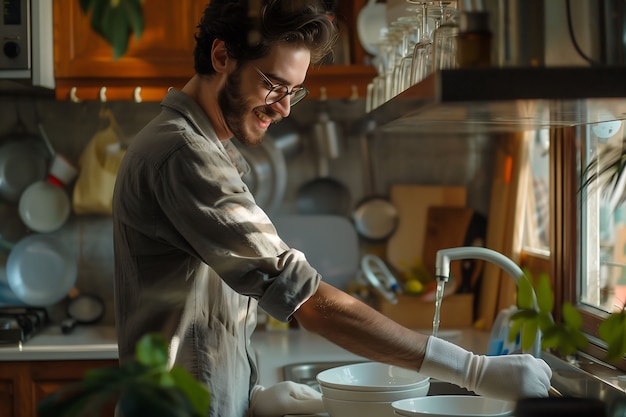 Portrait of man doing household chores and participating in the cleaning of the home