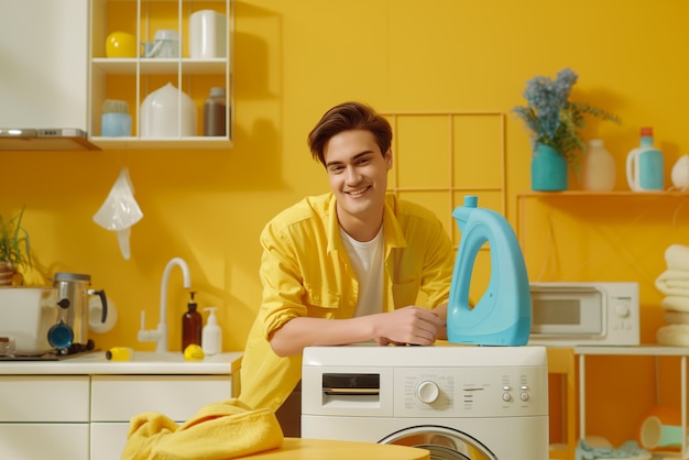 Free photo portrait of man doing household chores and participating in the cleaning of the home