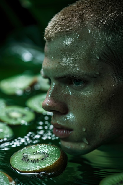 Free photo portrait of man during summertime with tropical fruit and water