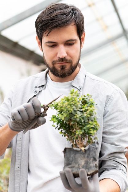 Portrait man growing plants